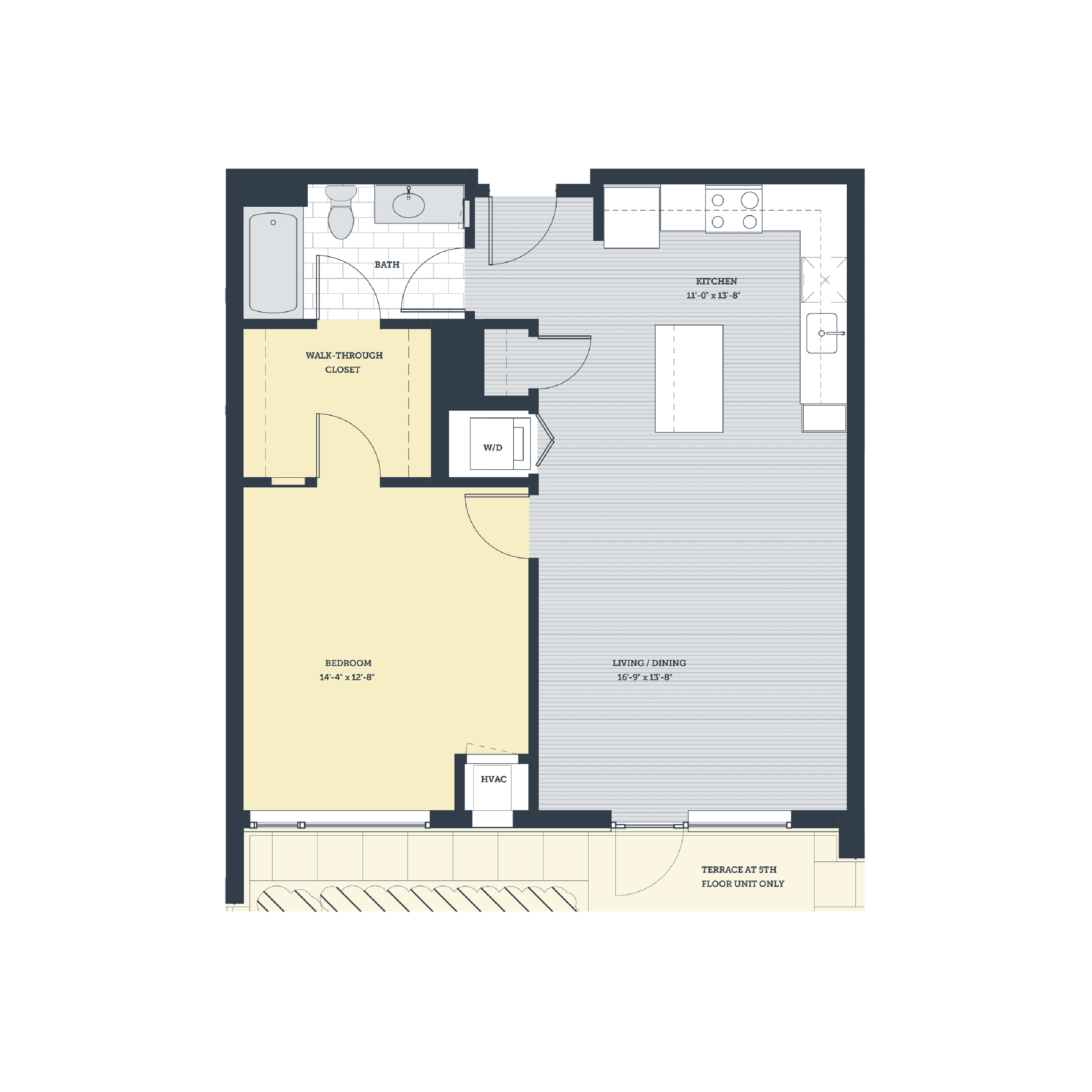 Floor plan for 1 bed, 1 bath, 793 sqft
